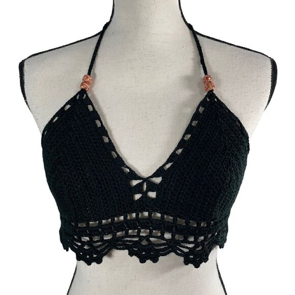 Bear Dance Tops - Bear Dance Black Beaded Crochet Bralette Top Small